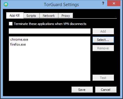 Application Kill switch will auto-terminate any application/process you specify if the VPN disconnects.