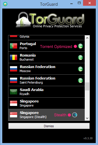 Server selection view in torguard's vpn software