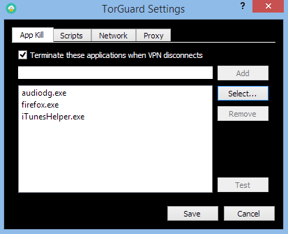 Choose any active program/process for torguard's kill switch