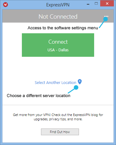 Main screen for express vpn's desktop software