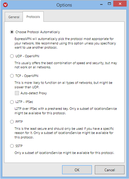 VPN protocol selection (OpenVPN TCP/UDP, PPTP, l2TP, SSTP)