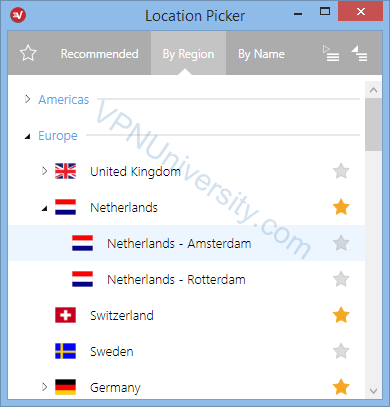 ExpressVPN Regional server view (expanded)