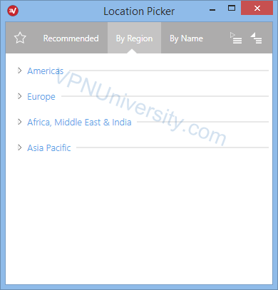 ExpressVPN regional server view (all servers collapsed)