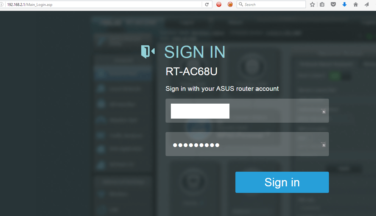 Asus router login screen