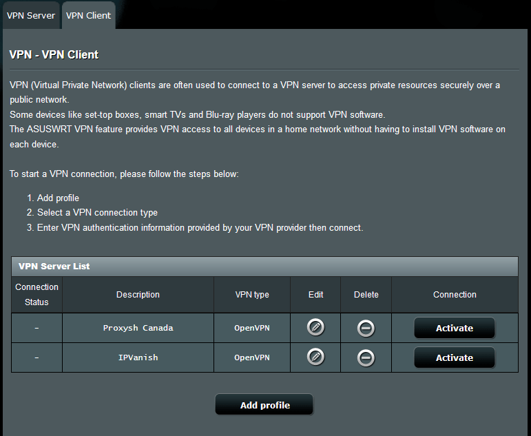 Asus VPN Client settings