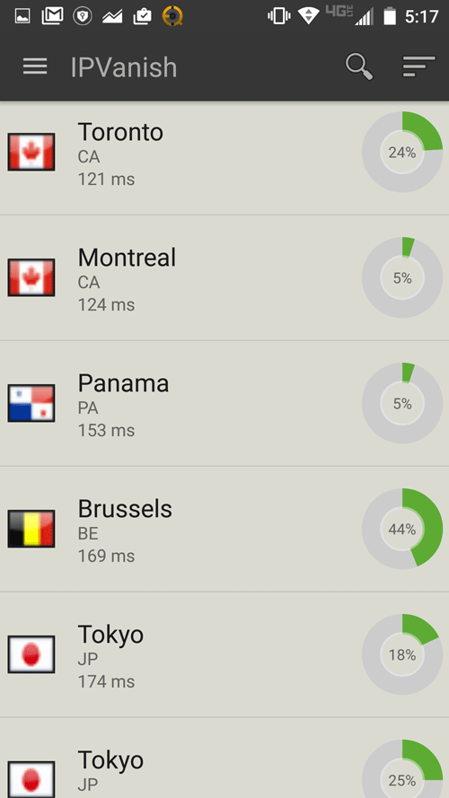 IPVanish servers (android)