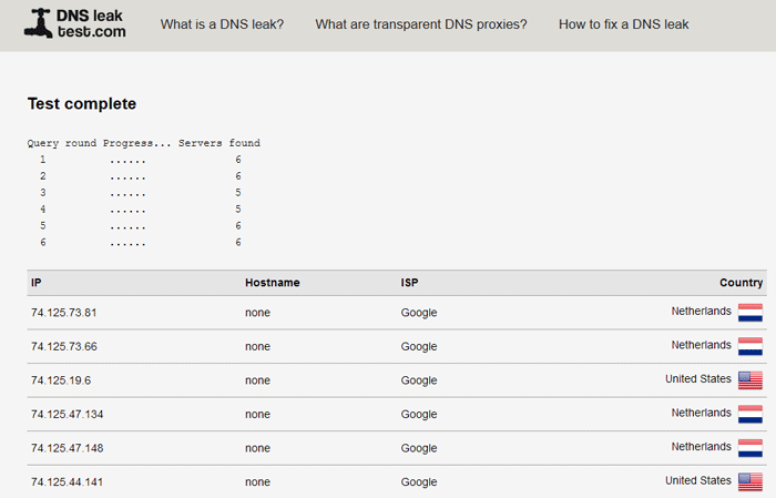 NordVPN DNS leak test