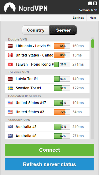 NordVPN software servers view