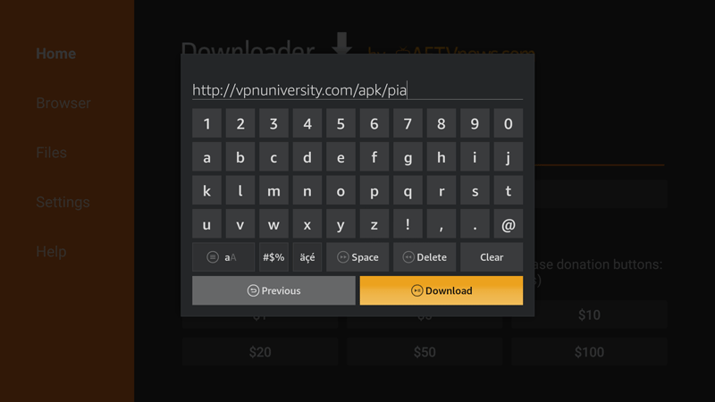 Downloading PIA APK with Downloader on Fire Stick