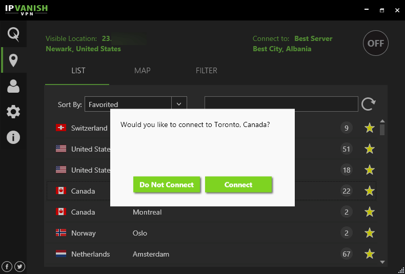 Connecting to Canada server (IPVanish)