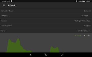 IPVanish VPN software connected on Fire HD8