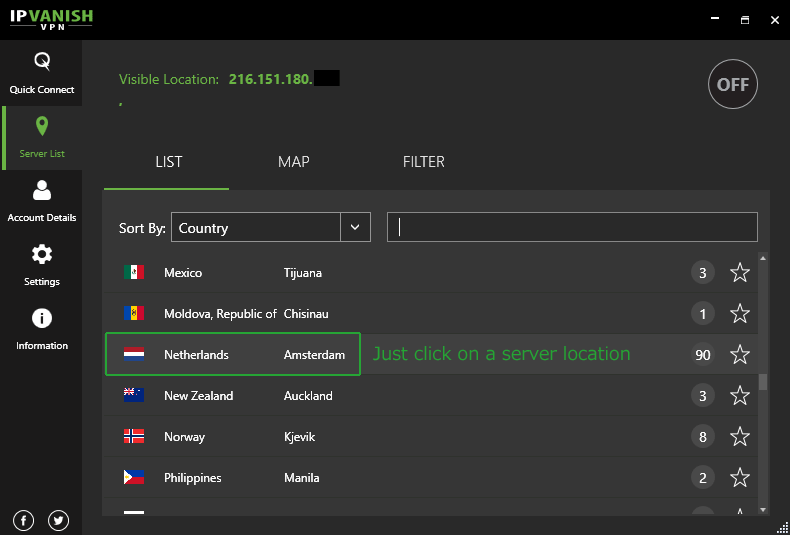 IPVanish server selection menu
