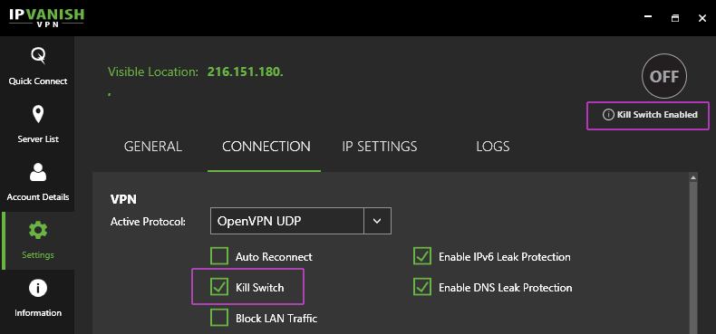IPVanish kill switch feature