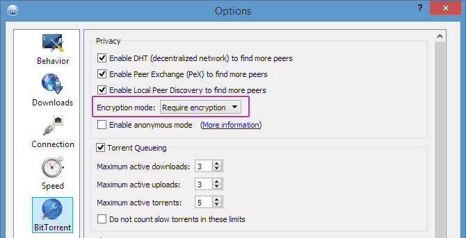 QBittorrent Encryption Settings Menu