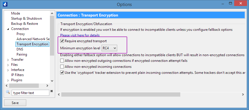Vuze Encryption Settings