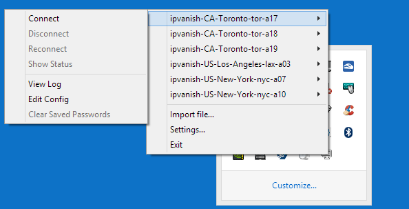 OpenVPN GUI server menu