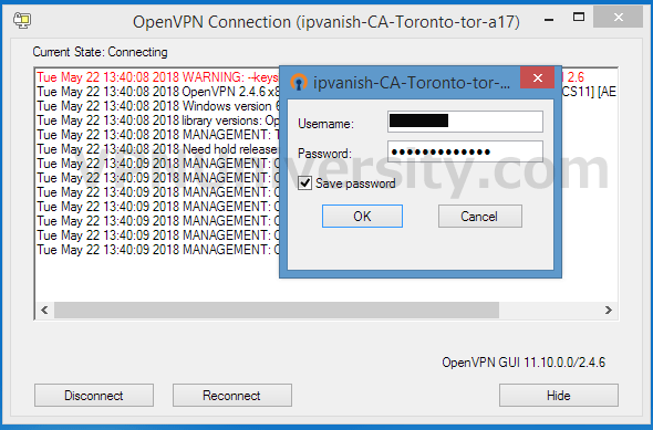 Enter username/password to connect to the server