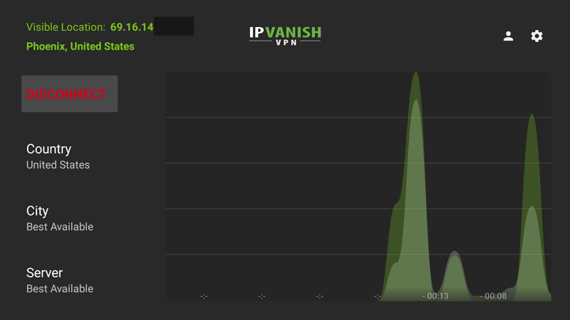 IPVanish Firestick VPN app with bandwidth monitor