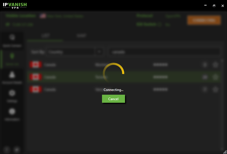 IPVanish VPN in process of connecting