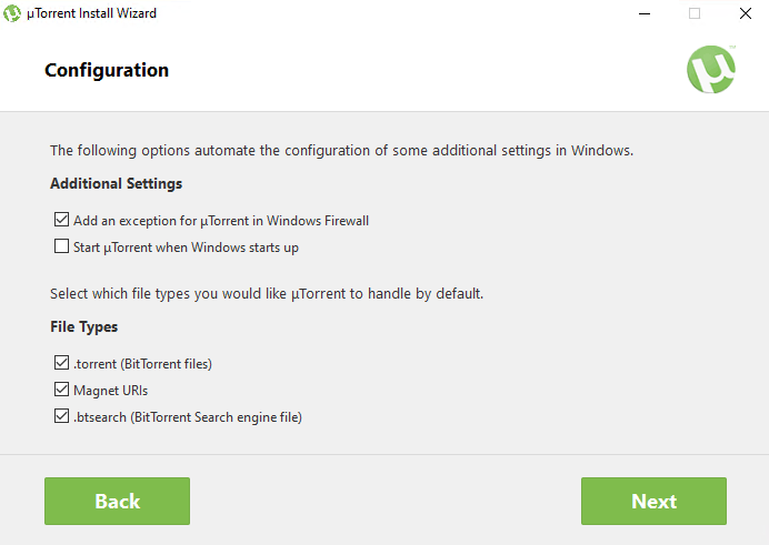 uTorrent configuration during install