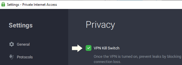 Enabling the kill switch in PIA software