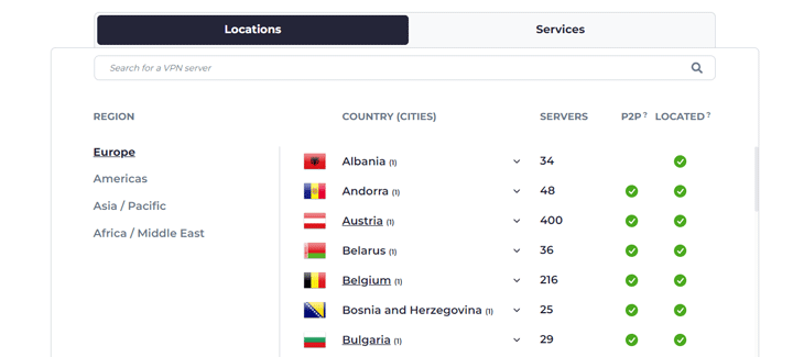 Screenshot of Cyberghost server locations by country (A-B)