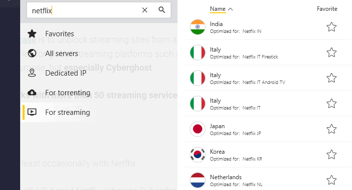 List of netflix-optimized Cyberghost server locations