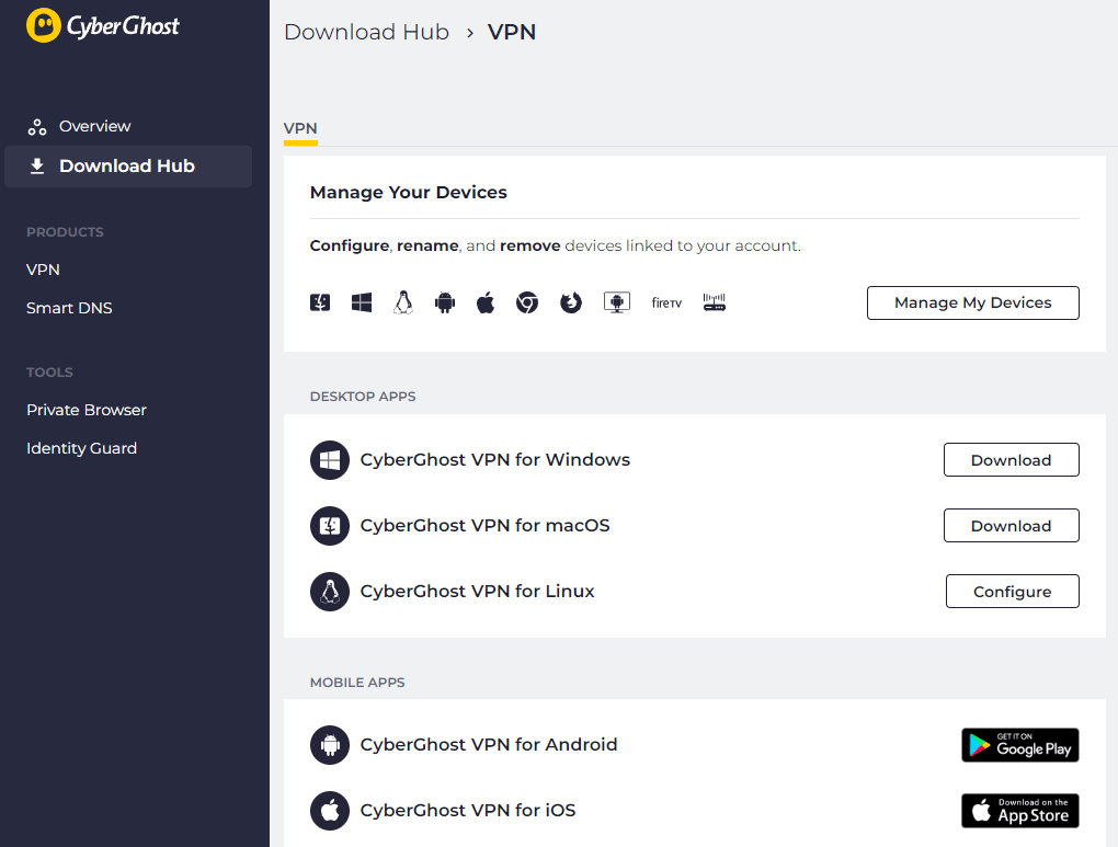 Screenshot of the Cyberghost app download hub
