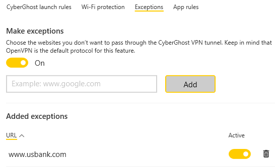 Cyberghost smart rules exception example split tunneling