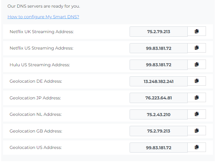 List of SmartDNS servers for cyberghost