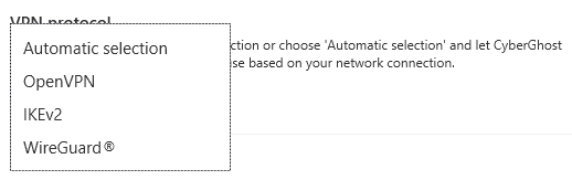 Selecting from 3 available VPN protocols in the Cyberghost windows app