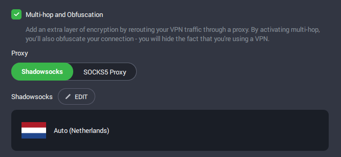 Private Internet Access multi-hop settings enabled using ShadowSOCKS obfuscatoin