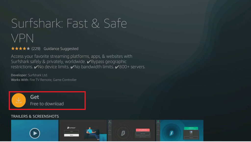 Surfshark firetv app screenshot in Amazon app store