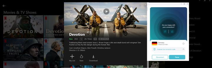 Access Devotion 2022 film on Netflix by using Surfshark VPN on a Germany server