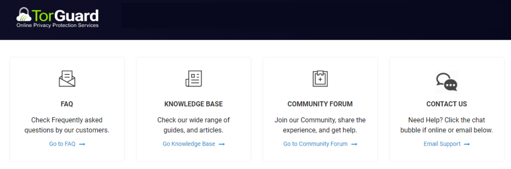 Available support options for Torguard (no live chat)